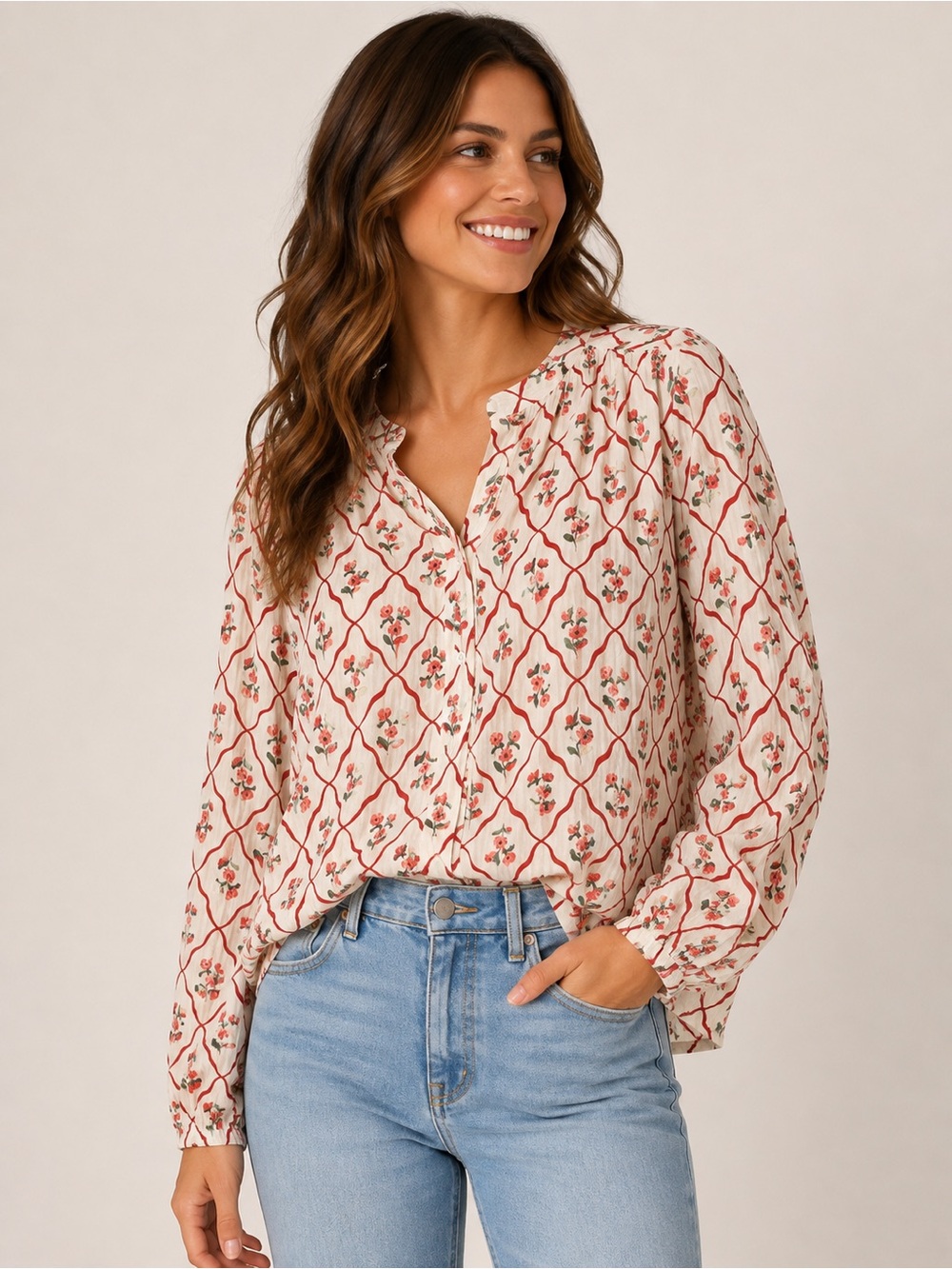 NWT Lucky Brand Floral Lattice Print Puff Sleeve Blouse Ivory Red 2025 XL